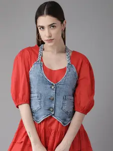 KASSUALLY Women Blue Crop Button Shrug