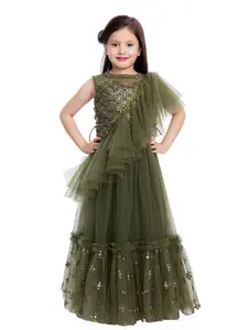 BETTY Girls Green & Gold-Toned Embellished Sequinned Ready to Wear Lehenga & Blouse With Dupatta