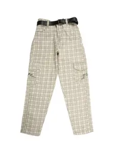 V-Mart Boys Brown & Grey Checked Easy Wash Cotton Cargos Trousers