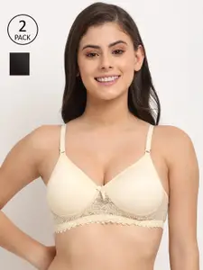 Friskers Pack of 2 Black & Beige Self Design Non Wired Medium Coverage Push Up Bra