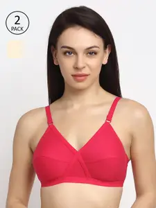 Friskers Beige & Red Set of 2 Solid Non-Padded Cotton Bra
