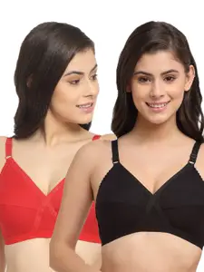 Friskers Pack of 2 Black & Red Solid Non wired Medium Coverage Cotton Everyday Bra