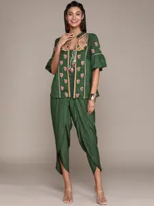 aarke Ritu Kumar Women Green & Silver Striped Co-ord Set with Ethnic Jacket