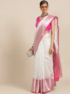 Silk Land White & Pink Ethnic Design Zari Kasavu Saree