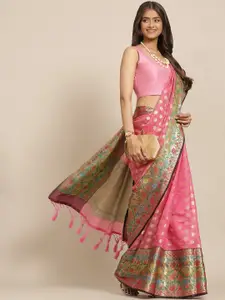 Silk Land Pink & Brown Ethnic Motifs Woven Design Zari Banarasi Saree