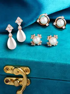 Zaveri Pearls Set of 3 White & Rose Gold-Plated Contemporary Pearls Studded Earrings