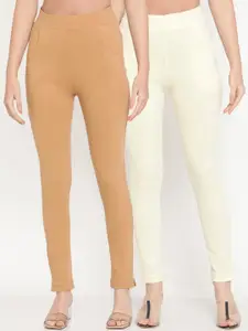 TAG 7 Women Pack of 2 Beige & Cream Colored Solid Kurti Pants