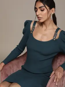 bebe Teal Blue Self Design Striped Scoop Neck Puff Sleeves Dress with Shoulder Straps