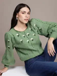 bebe Women Shale Green & White Floral Embroidered Pullover Sweater