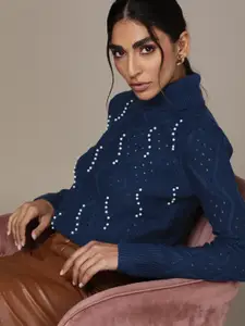 bebe Women Navy Blue Embellished Sweater