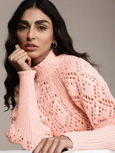 bebe Women Peach Pink Geometric Self Design Schiffli Pullover