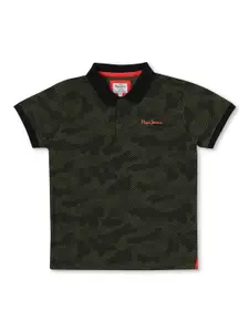 Pepe Jeans Boys Olive Green Camouflage Printed Polo Collar Cotton T-shirt