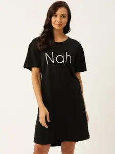 Nite Flite Black Printed Oversized Pure Cotton T-shirt Nightdress