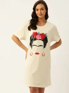 Nite Flite Women Cream-Coloured Oversized Cotton Printed Nightdress