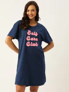 Nite Flite Navy Blue Typography Printed Oversized Pure Cotton T-shirt Nightdress