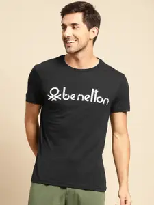 United Colors of Benetton Men Black & White Brand Logo Printed Pure Cotton T-shirt