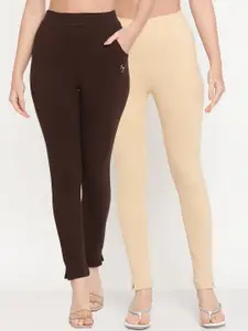 TAG 7 Women Pack of 2 Beige & Brown Solid Kurti Pants
