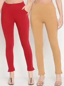 TAG 7 Women Pack of 2 Maroon & Beige Solid Kurti Pants