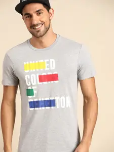United Colors of Benetton Men Grey Melange Brand Logo Printed Pure Cotton T-shirt