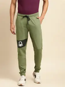 United Colors of Benetton Men Olive Green Brand Logo Printed Joggers