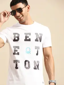 United Colors of Benetton Men White & Navy Blue Brand Logo Printed Pure Cotton T-shirt