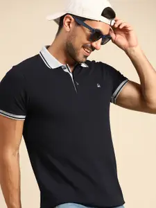 United Colors of Benetton Men Navy Blue Solid Polo Collar Pure Cotton T-shirt