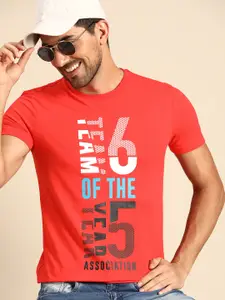 United Colors of Benetton Men Red & White Pure Cotton Typography Printed T-shirt