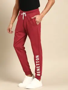 United Colors of Benetton Men Maroon & White Pure Cotton Brand Logo Printed Joggers