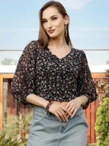 Sera Women Black Floral Print Georgette Wrap Top