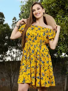Sera Women Yellow Floral Printed Off-Shoulder Dress