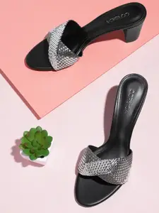 CORSICA Grey & Gunmetal-Toned Colourblocked Woven Design Block Heels
