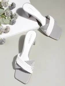 CORSICA White & Grey Colourblocked Woven Design Block Heels