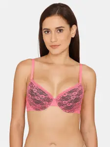 Rosaline by Zivame Pink & Black Floral Laced Underwired Lightly Padded Bra RO1210FASHAPINK