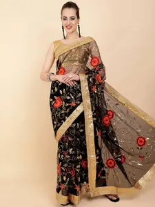 Sangria Black & Red Floral Embroidered Sequinned Net Saree