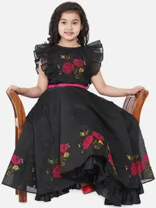 Bitiya by Bhama Girls Black Embroidered Flutter Sleeves Maxi Dress