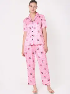 Smarty Pants Women Pink & White Cartoon Characters Printed Silk Satin Night Suit