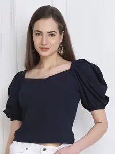 BUY NEW TREND Navy Blue Puff Sleeves Casual Top