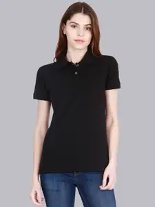 Fleximaa Women Black Solid Cotton Polo Collar T-shirt