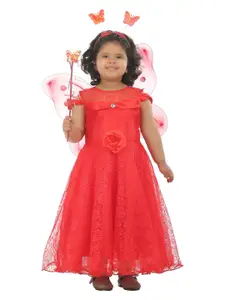 ahhaaaa Girls Red Self Design Cold-Shoulder Sleeves Cotton Gown Dress