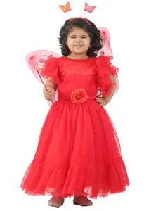 ahhaaaa Girls Red Embellished Embroidered Angel Pari Cotton Gown Maxi Dress