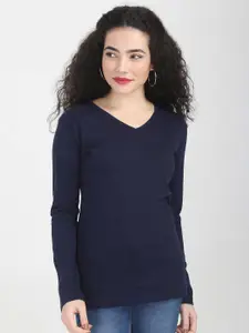 Fleximaa Women Navy Blue V-Neck Cotton T-shirt