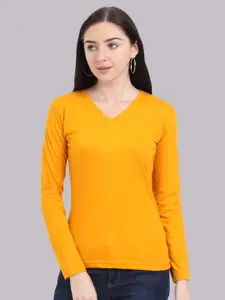 Fleximaa Women Mustard Yellow V-Neck T-shirt