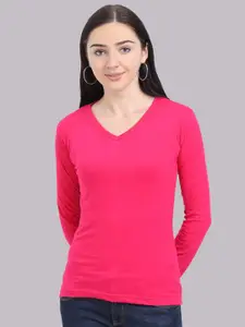 Fleximaa Women Pink V-Neck Cotton T-shirt