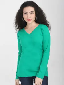 Fleximaa Women Green V-Neck T-shirt