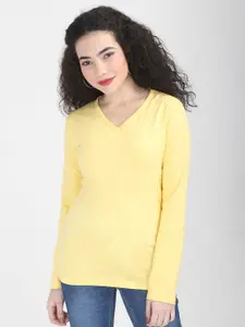 Fleximaa Women Yellow Solid V-Neck Cotton Regular T-shirt
