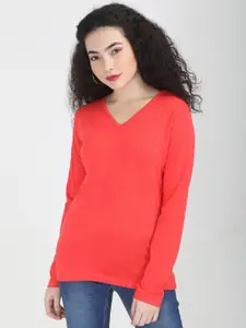 Fleximaa Women Coral V-Neck Full Sleeves Cotton T-shirt