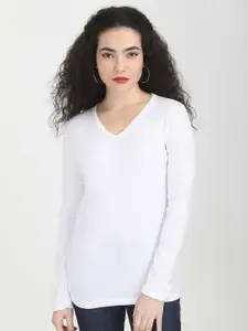 Fleximaa Women White V-Neck T-shirt
