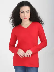 Fleximaa Women Red V-Neck Cotton T-shirt