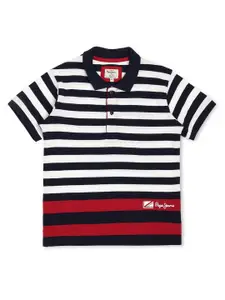 Pepe Jeans Boys Red & White Striped Polo Collar T-shirt