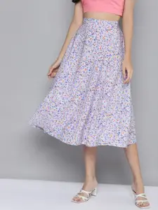 SASSAFRAS Blue & Pink Floral Print Flared Skirt